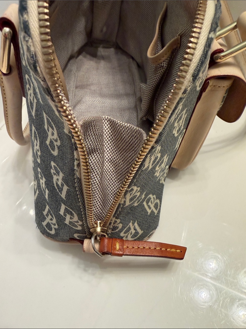 Dooney & Bourke Monogram Satchel in Brown and Cream - Picture 10 of 11